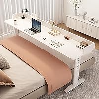 Nightstand, Bedside Table on Wheels, Height-Adjustable, Table on Wheels, Bed Table, MDF, Height-Adjustable, Width-Adjustable 150×40cm/59×15.7in White