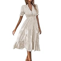 Swing Dresses for Women 2024 Summer Striped Print Casual Fashion Slim Fit with Short Sleeve V Neck Tunic Dresses