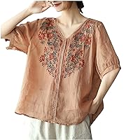 Embroidered Shirts for Women V-Neck Puff Short Sleeve Blouses Summer Casual Loose Fit T-Shirt Boho Floral Print Tops