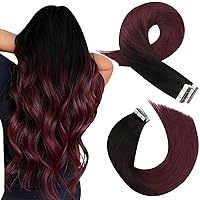 Moresoo Ombre Tape in Hair Extensions Off Black to Black with Wine Red Human Hair Tape in Extensions Balayage Real Hair Extensions Tape in Burgundy Tape in Hair 18 Inch #1B/99J 20pcs 50g