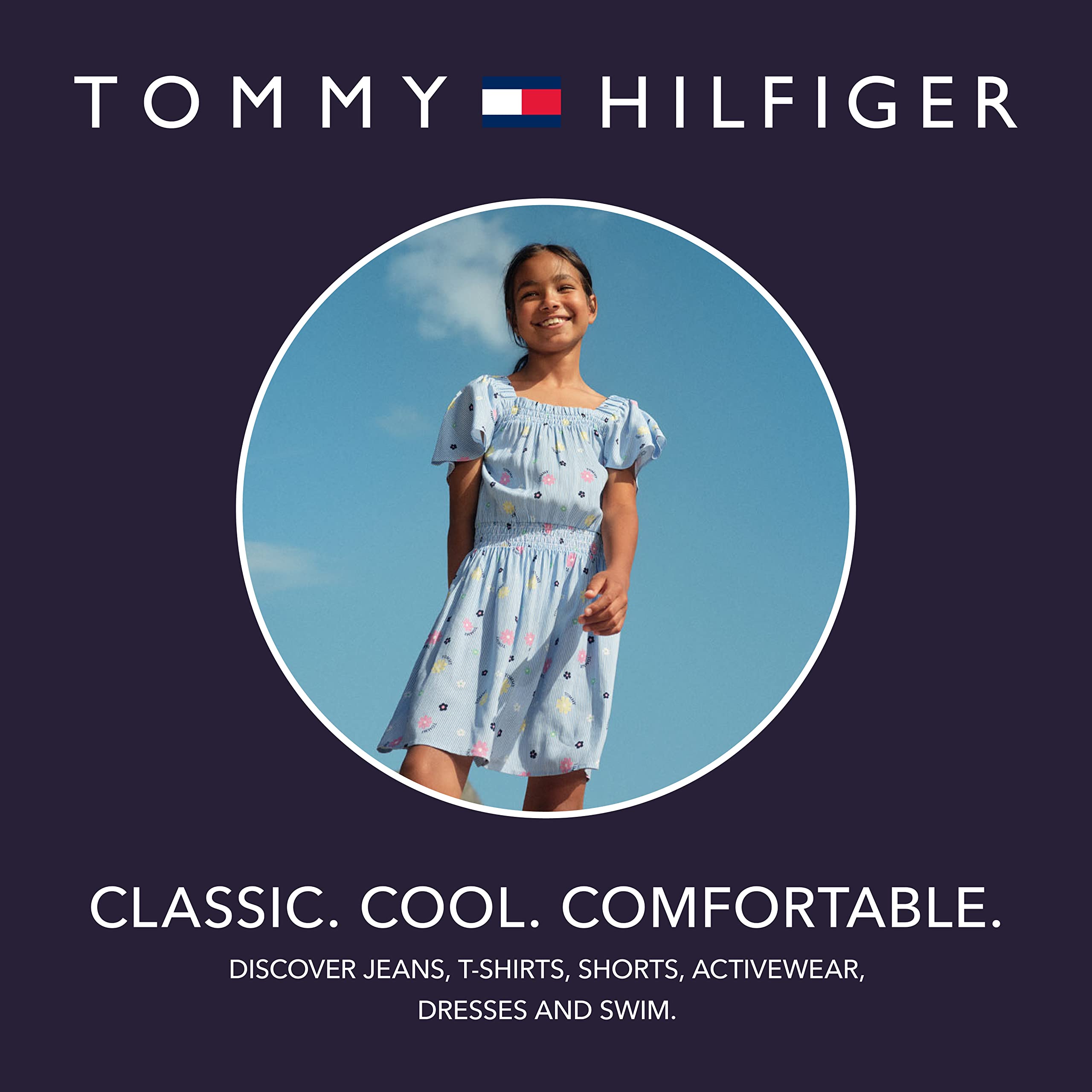 Tommy Hilfiger Girls' Short Sleeve Flag T-Shirt Dress, Relaxed Fit with Classic Logo Design & Crewneck