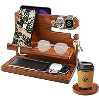 Wooden Phone Docking Station for Men, Nightstand Organizer Cell Phone Stand Desk Organizer, Gifts for Husband Dad for Christmas Birthday, Wood Stand for Cell Phone, Watch, Key and Tablet, Brown