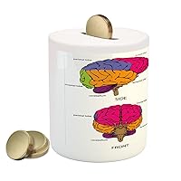 Ambesonne Science Piggy Bank, Human Brain from All Sides with Sections in Colorful Design Explanatory Texts, Ceramic Coin Bank Money Box for Cash Saving, 3.6