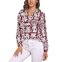 African Adinkra Pattern Women's Shirt Casual Button Down Long Sleeve Shirts V Neck Blouses Slim Fit Tops