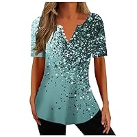 Button Down Shirts for Women Geometry Printed Tunic Summer Tops Dressy Casual Bell Short Sleeve V Neck Spring Blouses