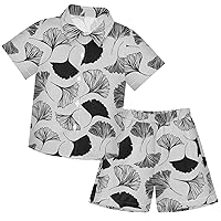 visesunny Toddler Boys 2 Piece Outfit Ginkgo Leaf Grey Pattern Button Down Shirt and Short Sets Leaf Boy Summer Outfits