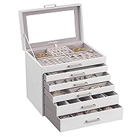 SONGMICS Jewelry Box, 6-Tier Jewelry Organizer, Large Jewelry Case with Big Mirror, 5 Drawers, Large Capacity, Jewelry Storage, Modern Style, Gift for Loved Ones, White UJBC138