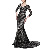 Women's Long V-Neck Mermaid Evening Dress Sequins 3/4 Sleeve Formal Prom Gowns