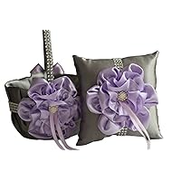 | Big Flower Collection | Ring Bearer Pillow & Wedding Flower Girl Basket Set (Grey Light & Purple)