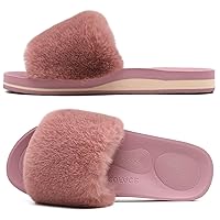 COFACE Womens Sliders Plush House Slippers Flat Sandals For Women Memory Foam Fuzzy Open Toe Slippers With Arch Support Anti Skid Ladies Slip On Fur Slide Slippers House Shoes Mules Indoor Outdoor