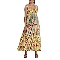 Women Floral Print Tie-Up Shoulder Straps Maxi Dress Boho Y2K Sleeveless Swing A-line Long Dress