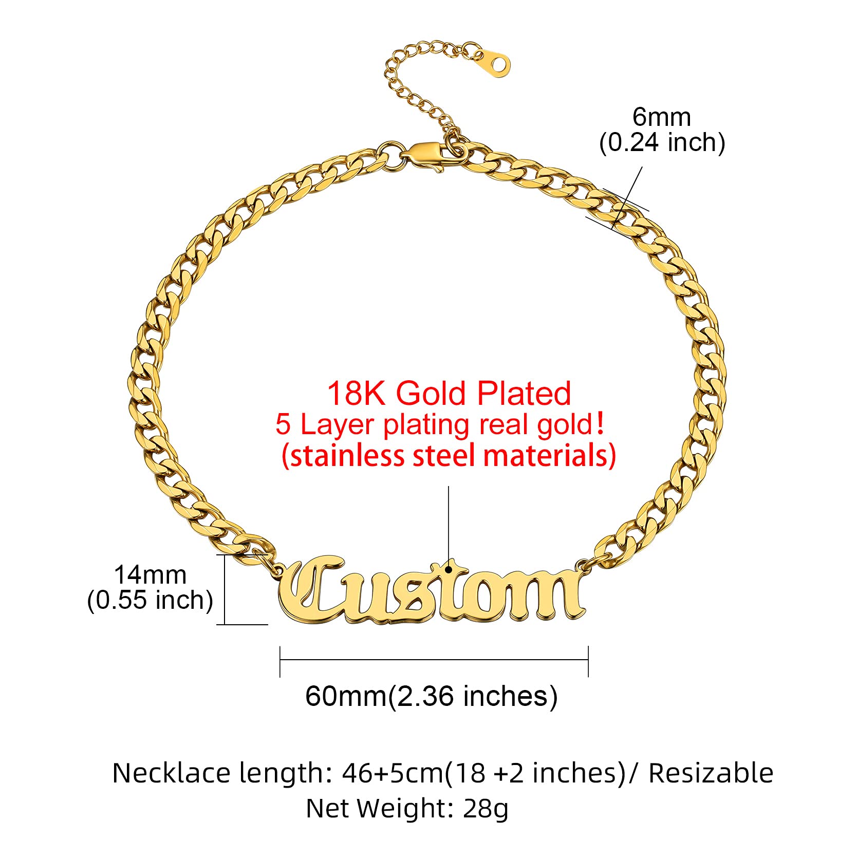 GOLDCHIC JEWELRY Name Plated Necklace Personalized for Men Women, Stainless Steel Customized Old English Nameplate Choker with Curb Chain Custom Jewelry, 16 inches to 30 inches