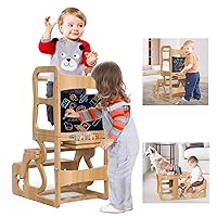 Toddler Standing Tower, Kid Step Stool Kitchen Stool Helper-Montessori with Chalkboard,3 in1 Folding Kitchen Tower Stool with Back, Learning Wooden Tower for Kitchen, Free Hands, Easy Assembly.