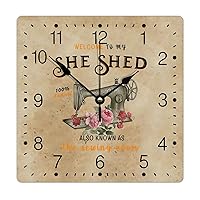 PVC Wall Clock Welcome to My She Shed Large Wall Clock Sewing Machine Red Flower 12in Love Sewing Battery Operated Antique Square Large Wall Clock for Home Office Classroom School Hotels