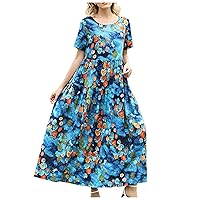One Shoulder Dresses for Women,Women Casual Loose Bohemian Floral Dress with Pockets Short Sleeve Long Maxi Su