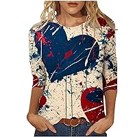 4th of July Shirts for Women Funny Love Heart Print 3/4 Sleeve Tops Independence Day Summer Pullover Patriotic Tees