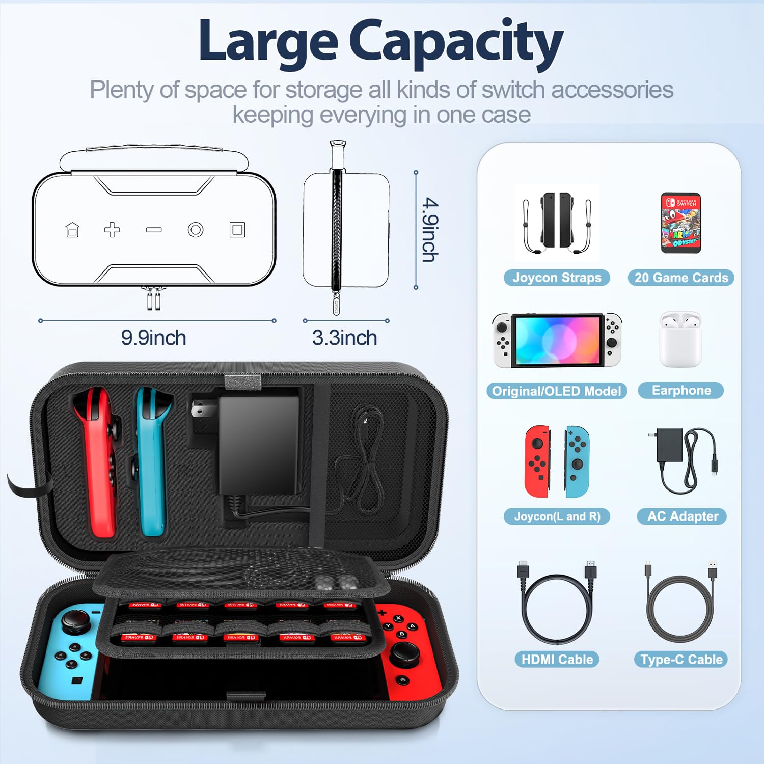 Switch OLED Carrying Case Compatible with Nintendo Switch/OLED Model, Portable Switch Travel Carry Case Fit for Joy-Con and Adapter, Hard Shell Protective Switch Pouch Case with 20 Games, Black