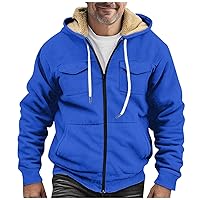 Men's Thickened Fleece Hoodies Drawstring Zipper Jackets with Pockets Vintage Casual Sherpa Lined Comfy Jacket Coats