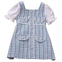 Korean Version of Girls' Dress for Spring and Autumn with New Plaid Pearl Buttons and Small Toddler Girl