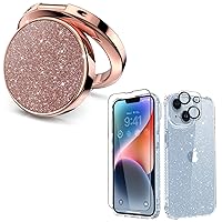 MIODIK Bundle - for iPhone 14 Case Clear Glitter + Phone Ring Holder (Rose Gold), with 9H Tempered Glass Screen Protector + Camera Lens Protector, Protective Shockproof for Women