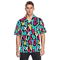 Alphabet Pattern Black Men's Hawaiian Shirts Short Sleeve Button Down Vacation Mens Beach Shirts