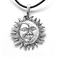 Pewter Sun Moon Face Celestial Lunar Solar Pendant, Black Necklace Cord with Clasp