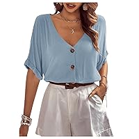 Floerns Women's Casual Solid Button Front V Neck Flare Short Sleeve Blouse Top