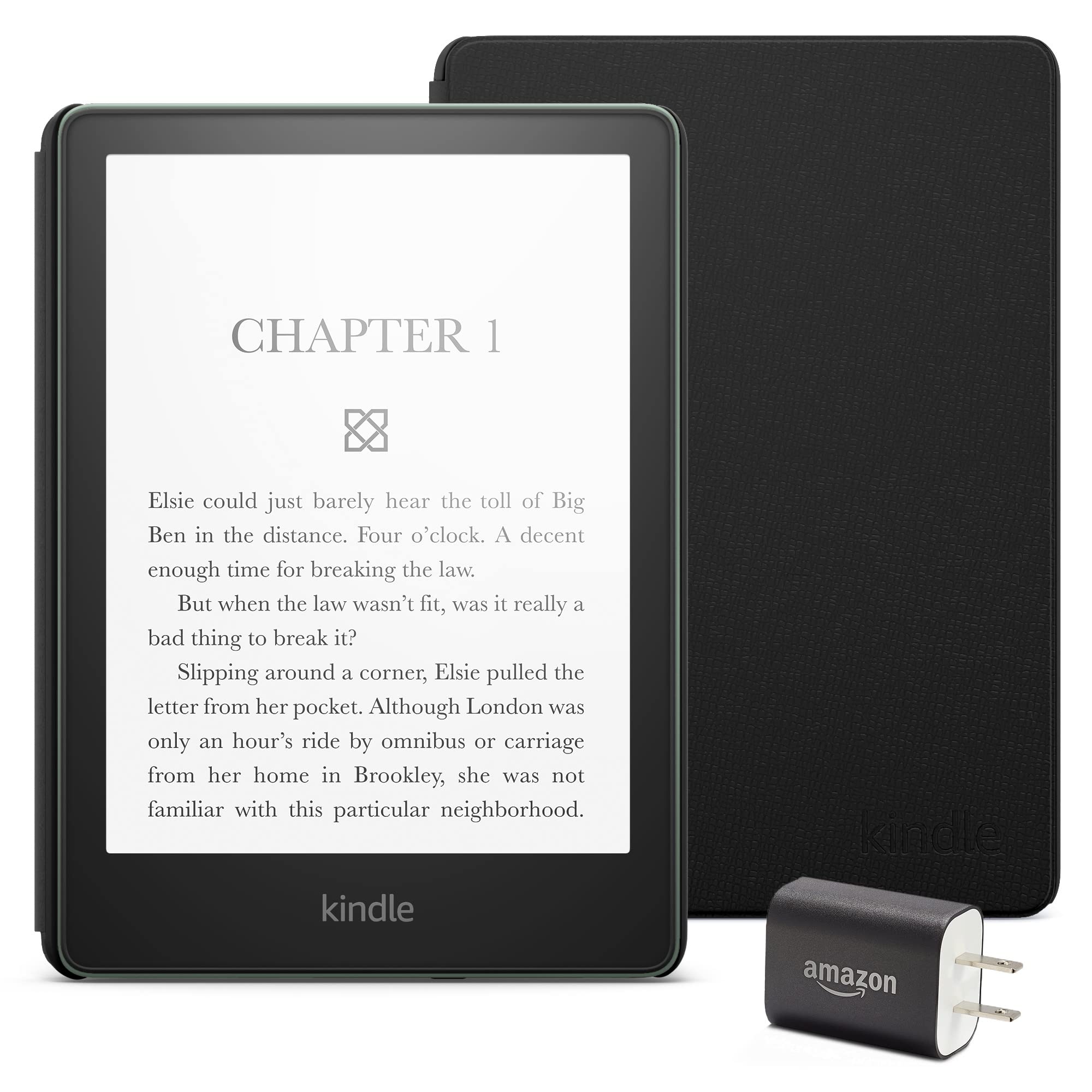 Kindle Paperwhite Essentials Bundle including Kindle Paperwhite (16 GB) - Agave Green, Leather Cover - Black, and Power Adapter