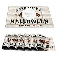 Happy Halloween Trick Or Treat Outdoor Placemats for Dining Table Kitchen Room Decorations Heat-Resistant Non-Slip PVC Table Mats Hocus Pocus Bat Pumpkin Retro Rustic Dining Table Placemats Set of 6