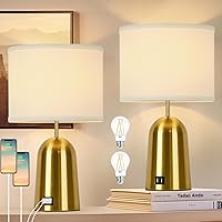 Touch Control Table Lamps Set of 2, 3-Way Dimmable Gold Bedside Lamps with Dual USB Ports, Brass Modern Nightstand Lamps with Fabric Shades for Bedroom Living Room Dorm Home Office, LED Bulbs Included