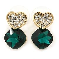 Clear/Emerald Green Crystal Heart Stud Earrings In Gold Plating - 20mm L