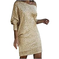 Women's One Shoulder Cocktail Short Dress Shiny Glitter Sexy Long Sleeve Ruched Bodycon Party Prom Formal Mini Dress