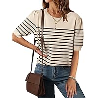 ZESICA Women's Casual Striped Tops Short Sleeve Crew Neck Ribbed Knit T Shirts Comfy Loose Basic Pullover Sweater