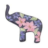 NOVICA Handpainted Elephant Brooch Pin with Flowers on Black Ceramic Pink Thailand Floral [1.7 in L x 1.5 in W x 0.1 in D] 'Black Floral Elephant'