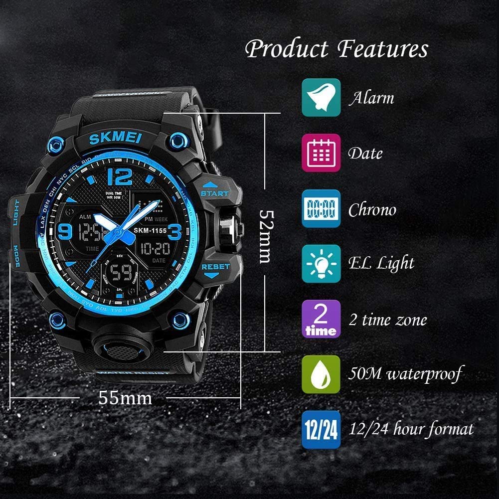 MJSCPHBJK Men's Analog Sports Watch Military Watch Outdoor LED Stopwatch Digital Electronic Watches Large Dual Display Waterproof Tactical Army Watches for Men