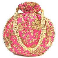 Indian Embroidered Pink Potli Bag with Pearls Handle Purse Party Wear Ethnic Clutch for Women