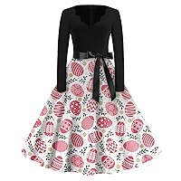 Long Dresses for Women Easter Prints Pleated Cute Rockabilly Formal Long Sleeve Spring Party Swing Dress for Vacation Daily