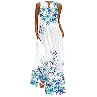 Women's Casual Dress Ethnic Printed Vintage V Neck Gowns Kaftan Irregular Hem Maxi Dress Long Dress with Pockets Summer Sundress Daily Wear Streetwear(6-Light Blue,16) 0229