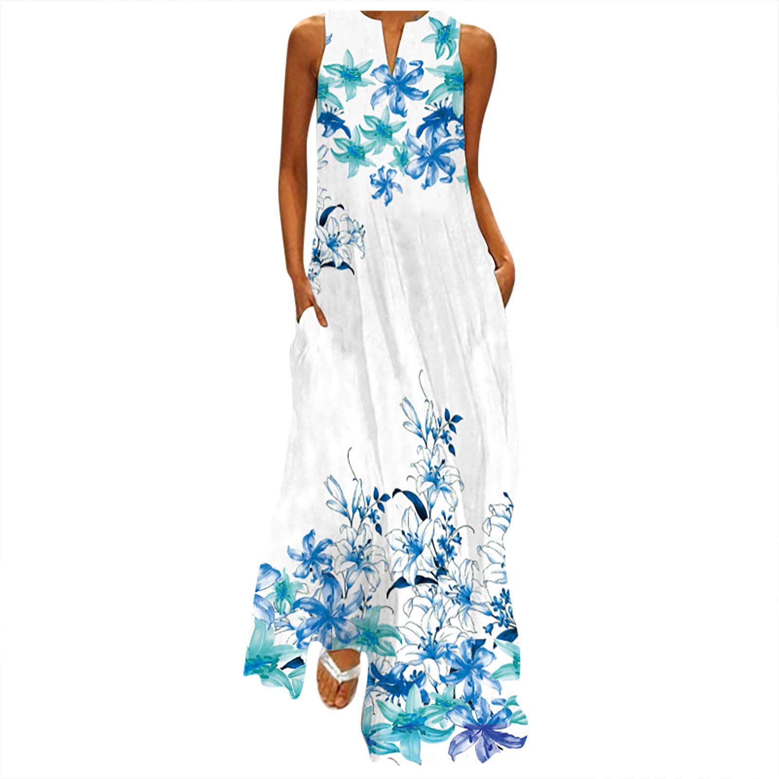 Women's Maxi Dresses for Summer V-Neck Dress Split Hem Baggy Kaftan Long Dress Print Cotton Linen Dress Maxi