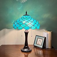 Tiffany Table Lamp Seagrass Blue Beads Style Stained Glass Desk Lamp 16X16X24 Inches Vintage Style Desk Reading Light Decor for Bedroom Living Room Home Office