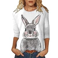 Women Easter Tshirt 3/4 Sleeve Blouse Tops Cute Bunny Floral Printed Graphic Tees Crew Neck Funny Casual Shirt