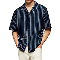Striped Shirt for Men Loose Fit Stylish Casual Button Up Beach Shirt Short Sleeve Baggy Style Breathable Tee