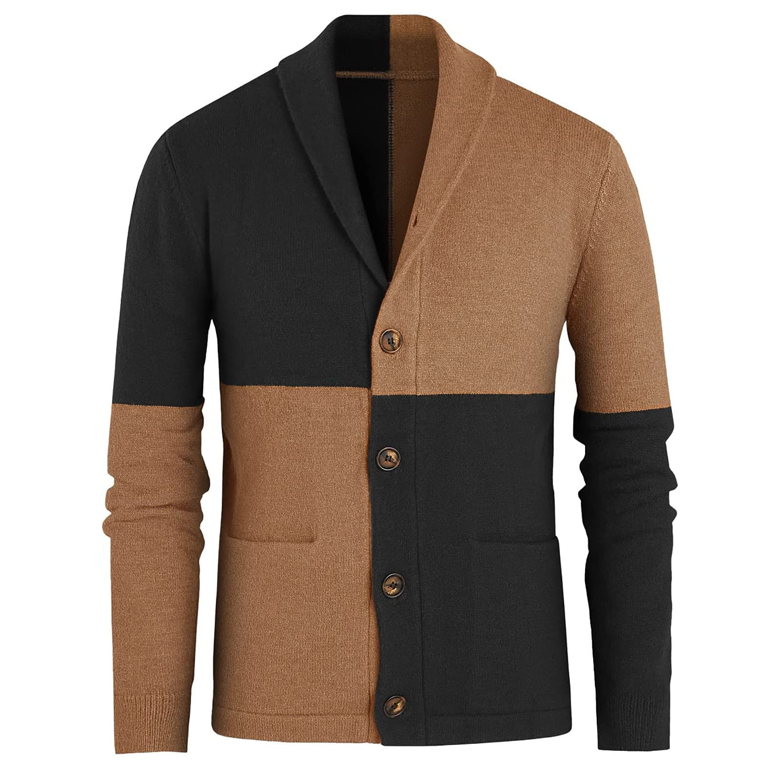 Color Block Cardigan Men Shawl Collar Cardigan Sweaters Regular Fit Knit Button Down Sweater Cardigans With Pocket