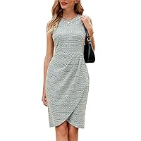 JASAMBAC Women's Ruched Bodycon Dresses Halter Tweed Professional Wear to Work Dress Sleeveless Wedding Guest Cocktail Dress