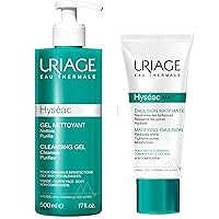 Uriage Hyseac Cleansing Gel, 17 Fl Oz + Hyseac Mat' Matifying Emulsion 1.35 fl.oz. | Daily Skincare Routine for Oily to Combination Skin Prone to Acne