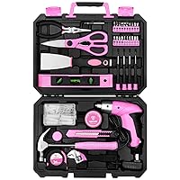 Pink 98 Piece Tool Set,General Household Hand Tool Kit with Plastic Toolbox Storage Case