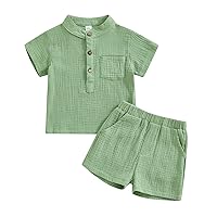 Baby Boys Summer Linen Clothes Solid Color Short Sleeve Top T-Shirts Casual Shorts Set Toddler Outfits 0-3T
