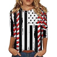 4Th of July Outfits for Women 3/4 Length Sleeve Scoop Neck Summer Tops Patriotic Flag Graphic Tees Loose Fit Blouses