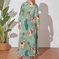 Cute Alapaca and Cactus Women Plus Size Maxi Dress Long Sleeve Casual Printed