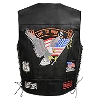 ELM3930 Black Motorcycle Leather Vest for Men w/Patches - Riding Club Adult Motorcycle Vests